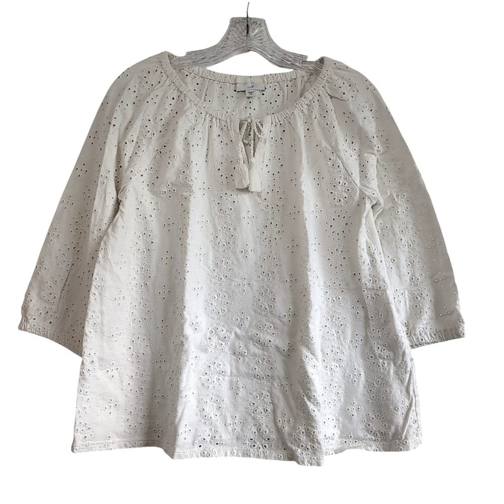 J.Jill Cream Cotton Knit Eyelet A-Line Blouse Petite Medium Casual Boho Festival